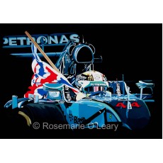 A painting of Lewis Hamiltons victory in F1 car with flag 
